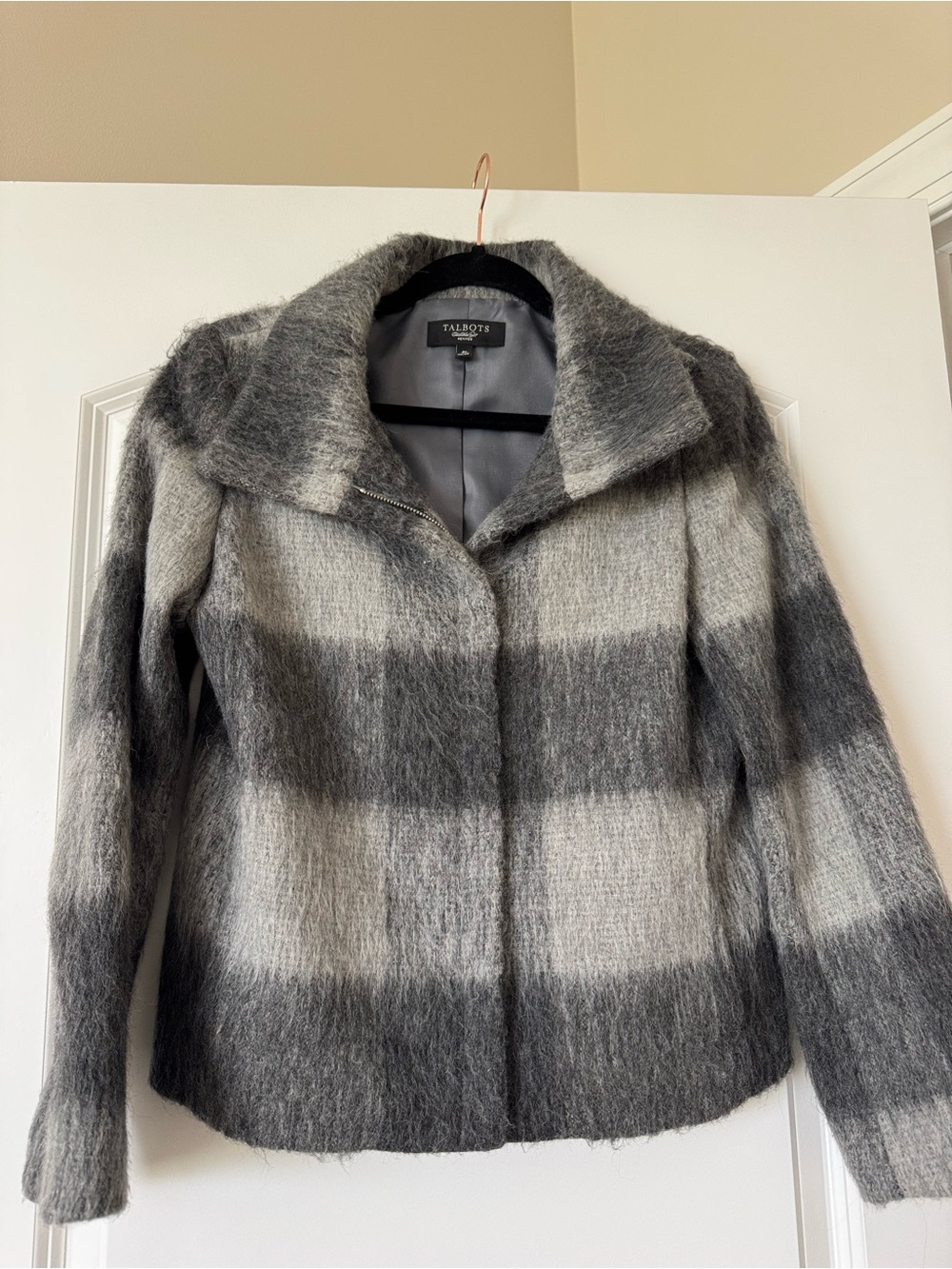 Talbots Gray & Charcoal Brushed Plaid Teddy Jacket